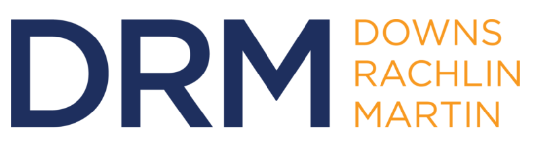 Logo for Downs Rachlin Martin, featuring "DRM" in blue and the full name in orange.