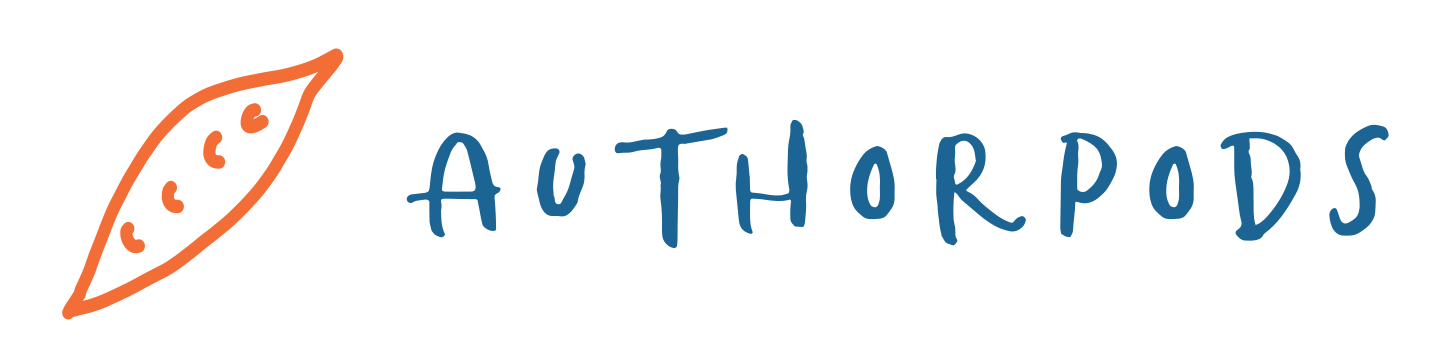 Logo for Authorpods featuring a stylized leaf and playful typography.