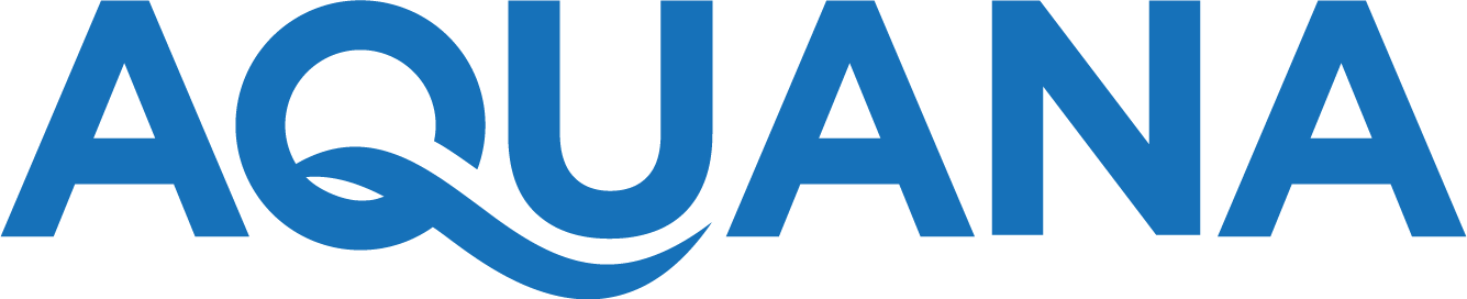 Logo of "AQUANA," featuring a blue wave integrated into the text.