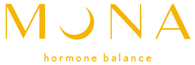 Logo for MONA, focusing on hormone balance, in yellow lettering.