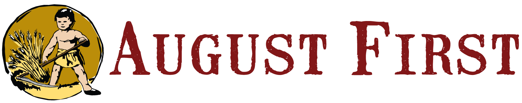 Logo featuring a child with a scythe next to the text "August First."