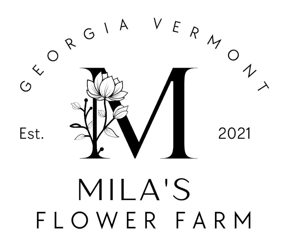 Logo for Mila's Flower Farm, established 2021 in Georgia, Vermont, featuring a flower design.