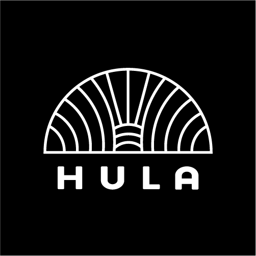 Black background with a white graphic of a half-circle and the text "HULA" underneath.