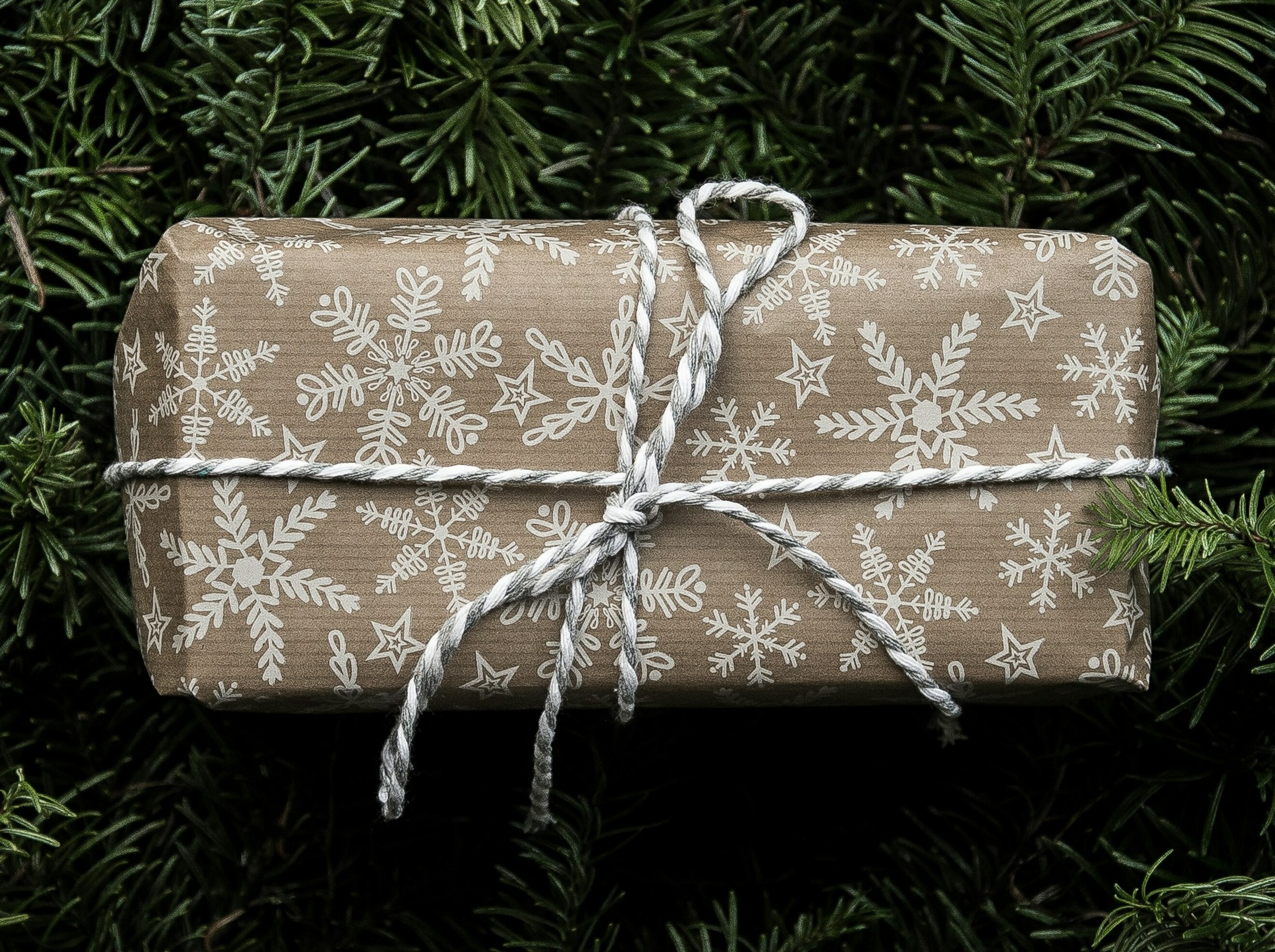 Wrapped gift with snowflake pattern, tied with silver twine, surrounded by evergreen branches.