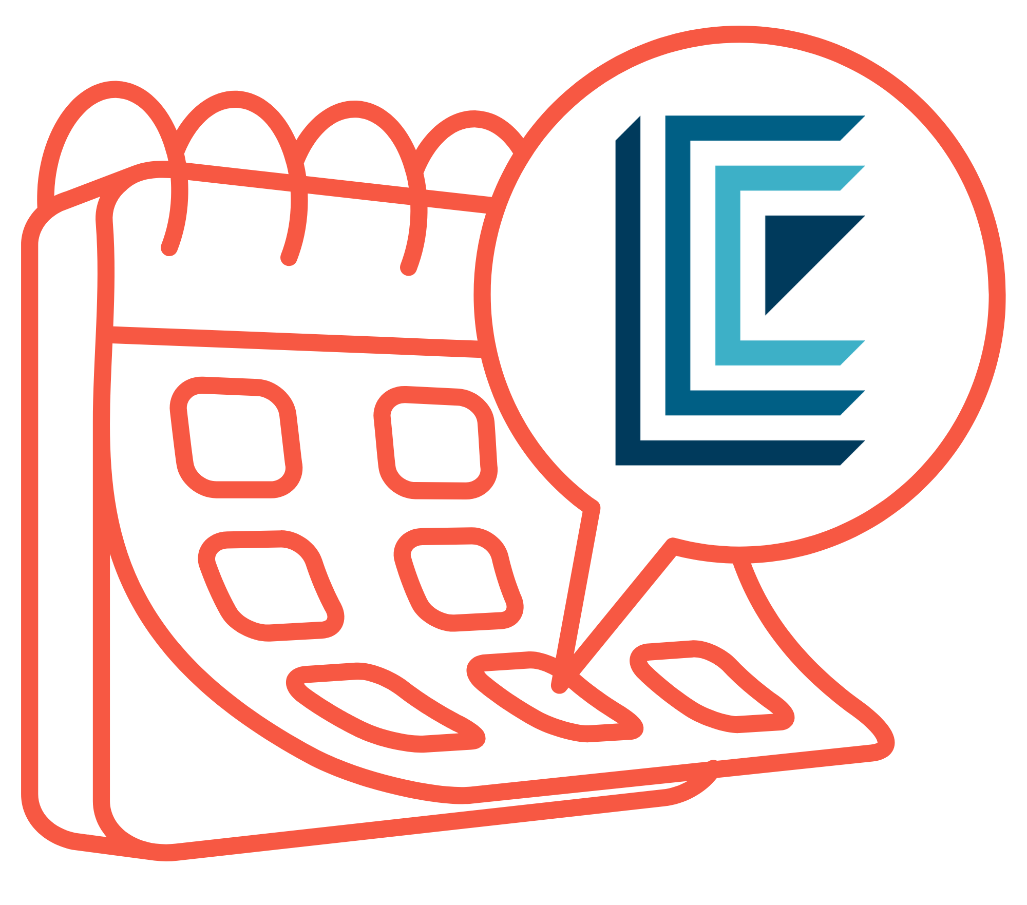 Calendar illustration with a speech bubble featuring a geometric logo.