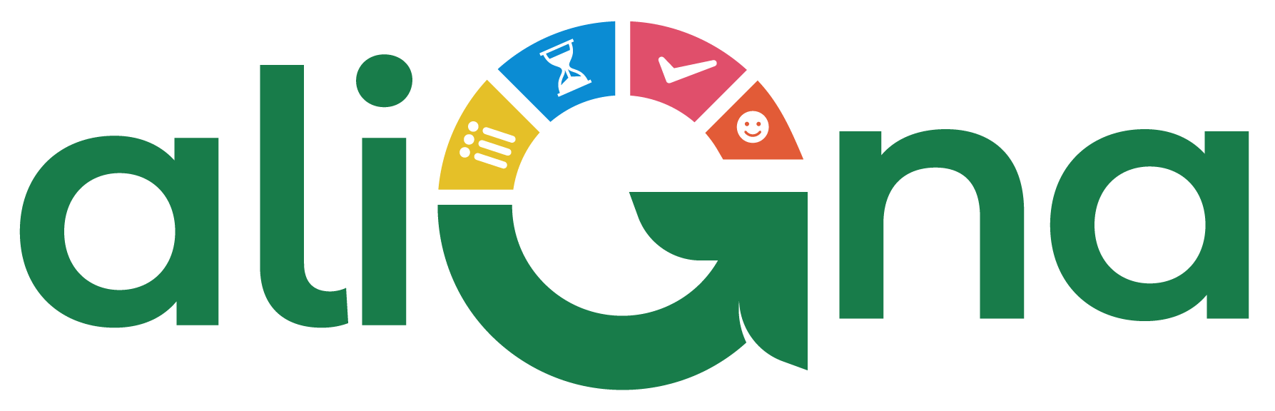 Colorful logo featuring "aliGna" with icons representing various themes.