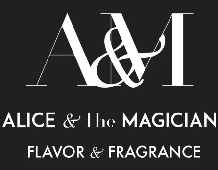 Logo for "Alice & the Magician" featuring stylish text on a black background.