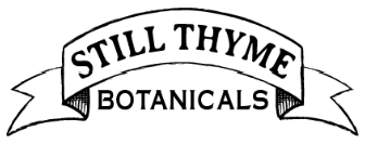 Logo for "Still Thyme Botanicals" featuring text and a decorative banner.