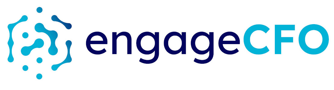 Logo of engageCFO featuring stylized blue graphics and text.