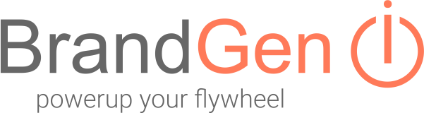 Logo for BrandGen with the tagline "power up your flywheel."