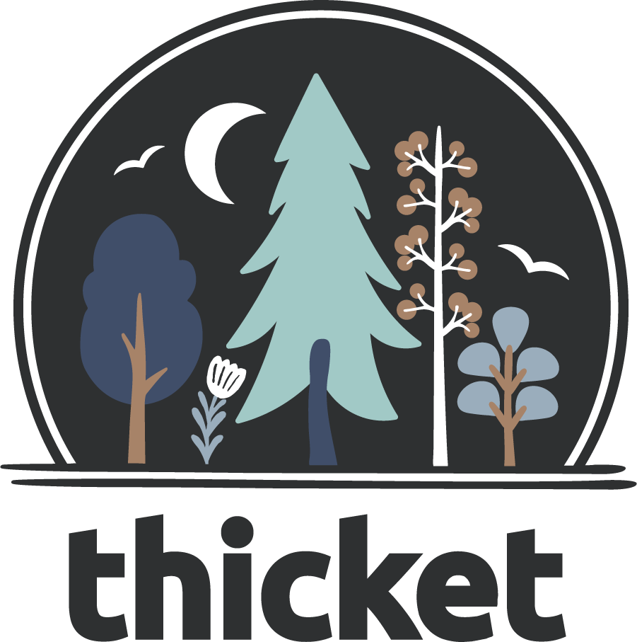Stylized trees and plants with a crescent moon and birds, featuring the word "thicket."
