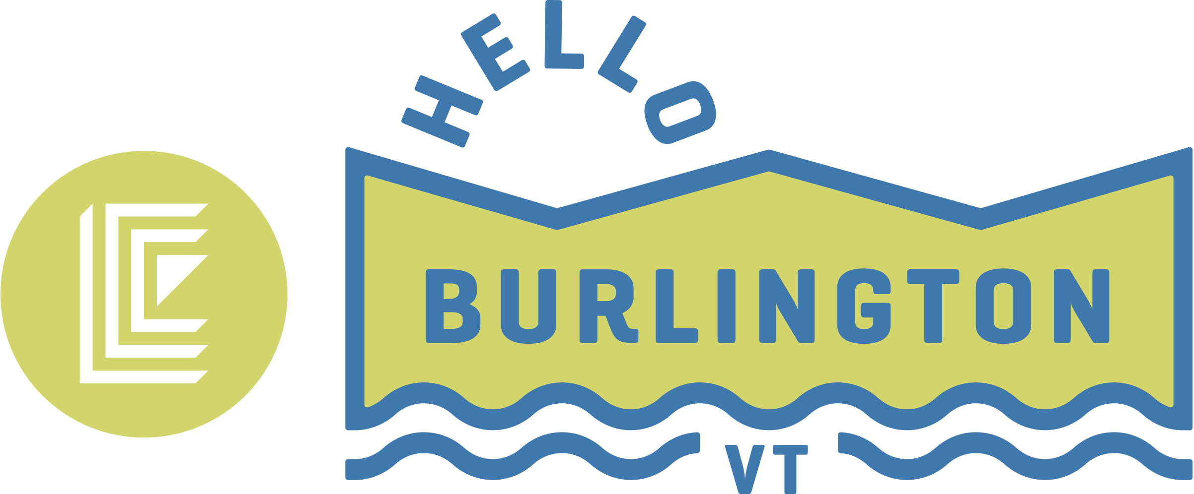 Logo featuring "Hello Burlington VT" with waves and a geometric design.