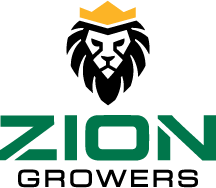 Logo for Zion Growers featuring a lion's head and a crown above the name.