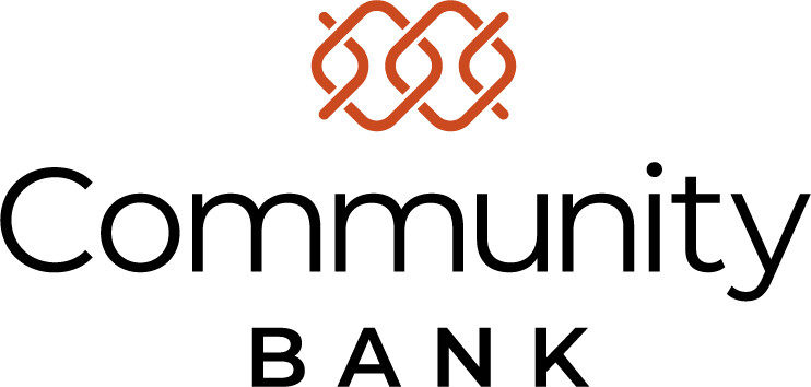 Logo of Community Bank featuring text and a stylized intertwined design.