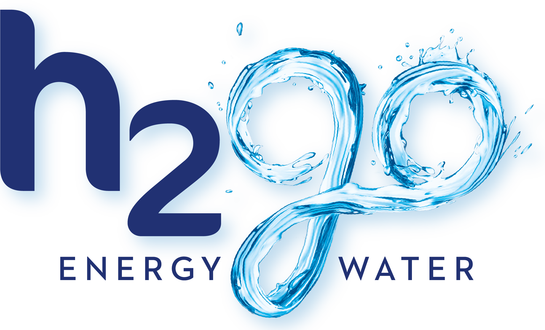 Logo for "h2go Energy Water" with water graphics.
