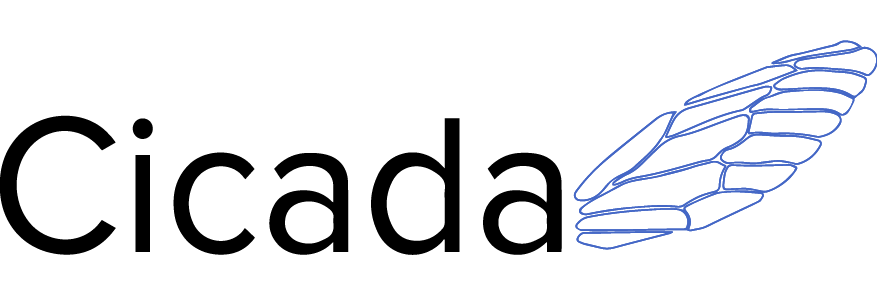 Logo featuring the word "Cicada" with a stylized cicada wing illustration.