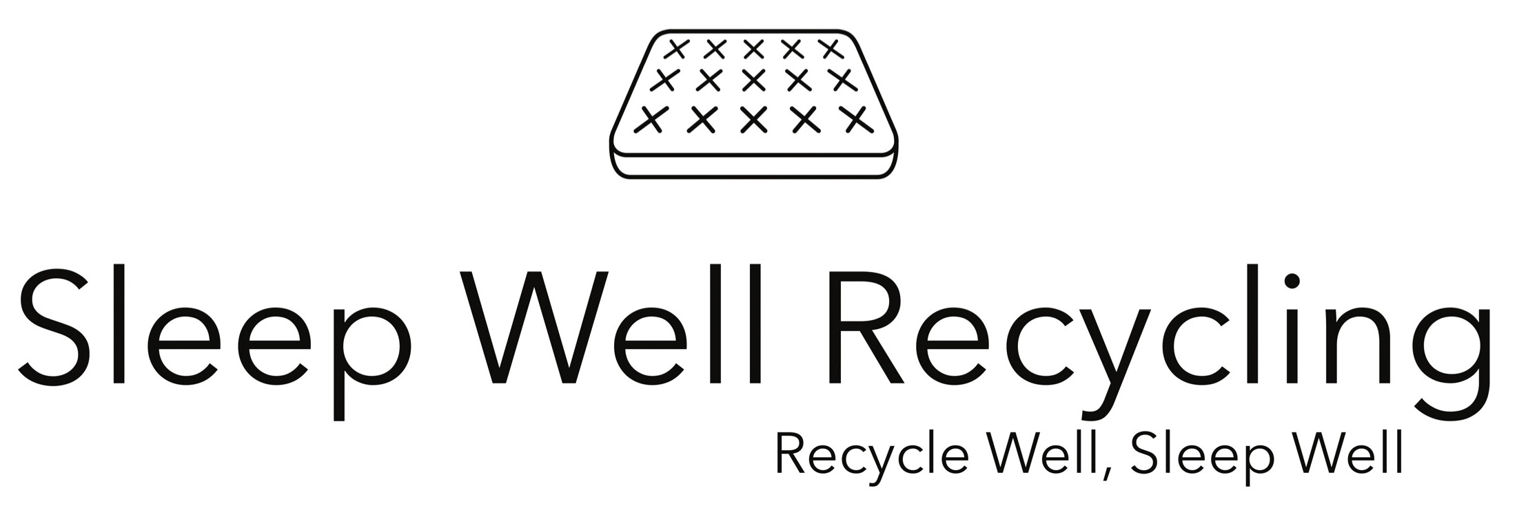 Logo of "Sleep Well Recycling" with a mattress icon and slogan.