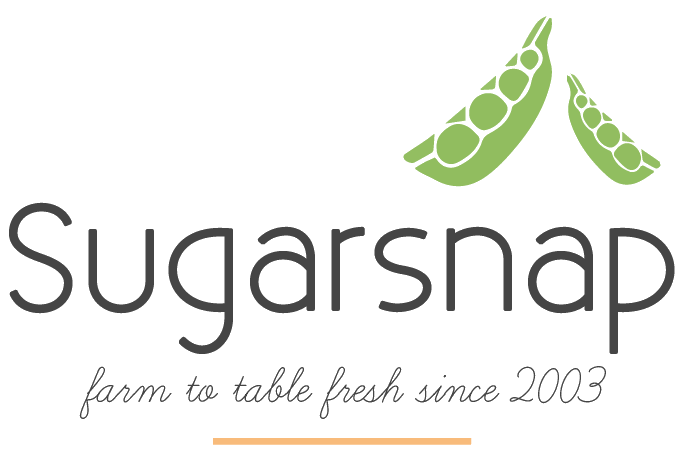 Logo for Sugarsnap: "farm to table fresh since 2003" with green pea pod graphics.