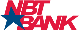 Logo of NBT Bank featuring red text and a blue star.
