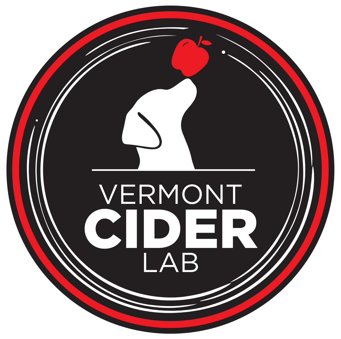 Logo of Vermont Cider Lab featuring a dog silhouette and an apple.