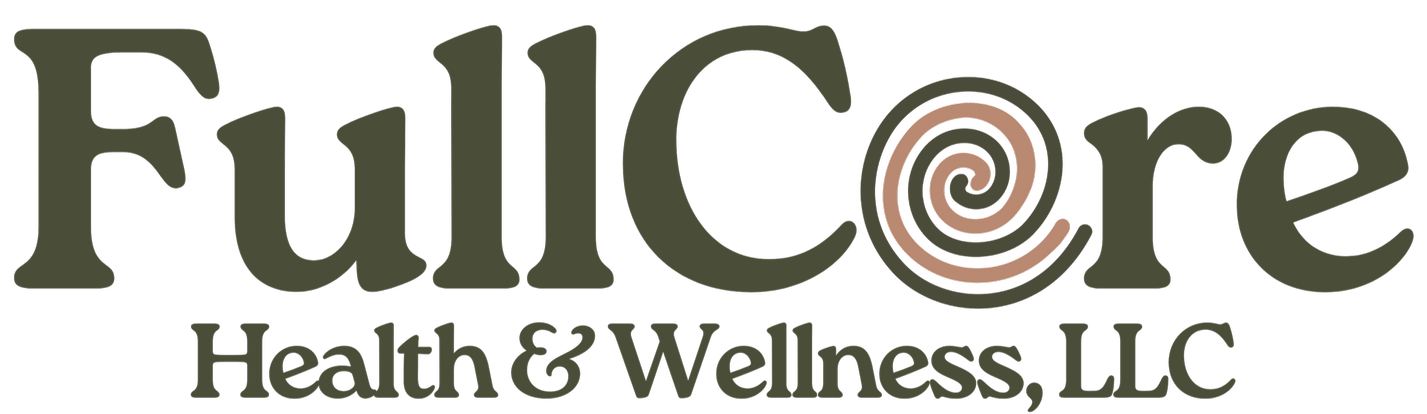 Logo for FullCore Health & Wellness, LLC, featuring a stylized spiral design.