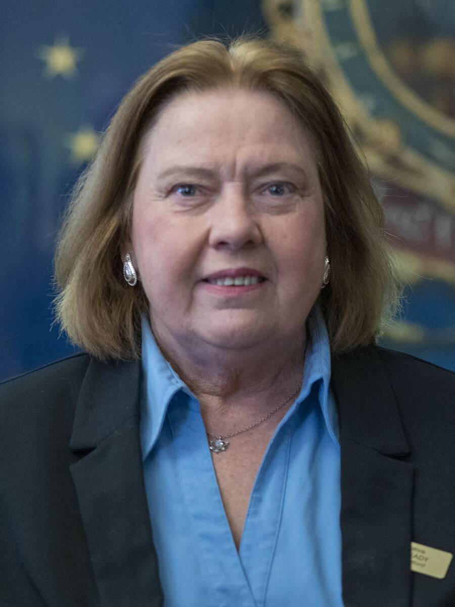 Headshot of a woman with brown hair, wearing a blue shirt and black blazer, smiling.