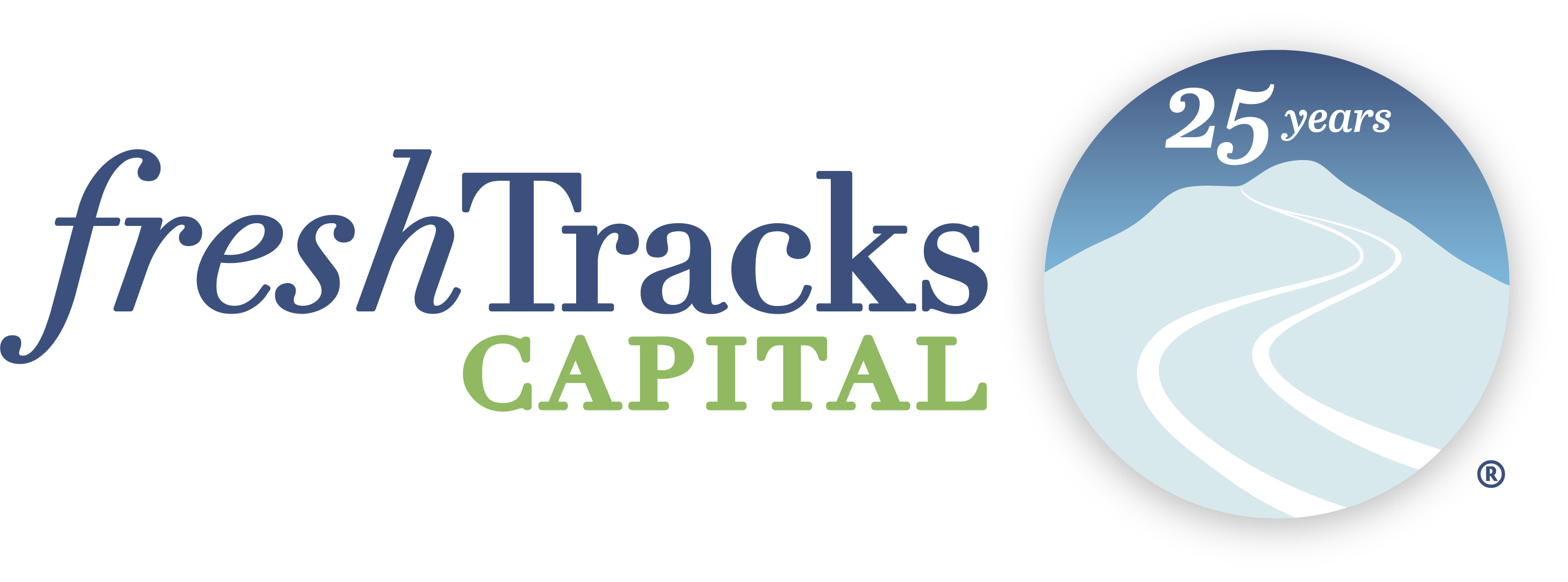 Logo of FreshTracks Capital celebrating 25 years with a road and mountain design.