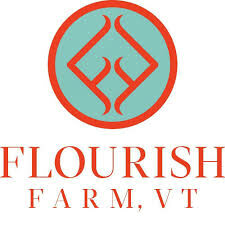 Logo of Flourish Farm, VT, featuring a stylized design in orange and teal.