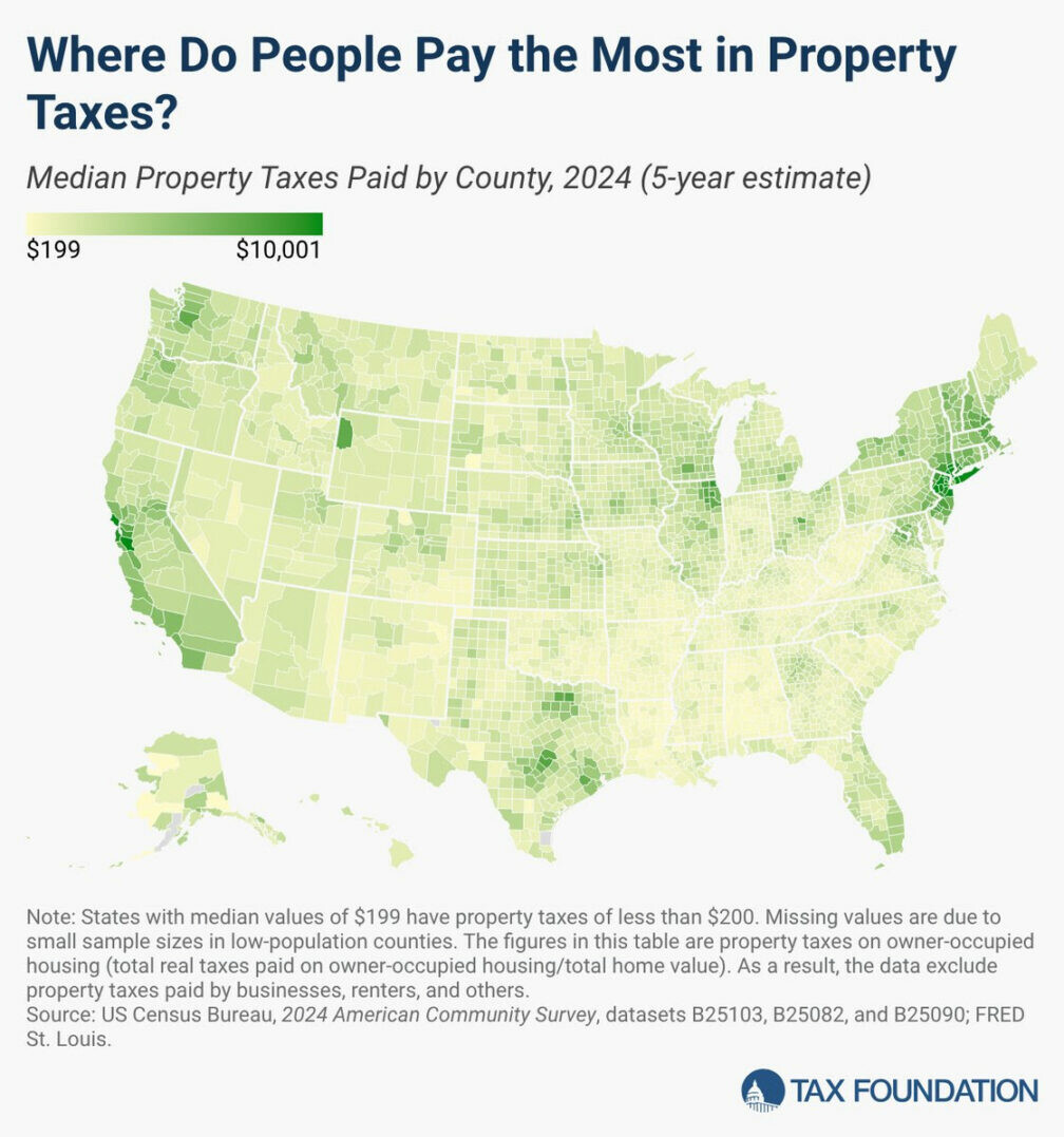 Map showing median property taxes by county in the U.S. for 2024, from $199 to $10,001.
