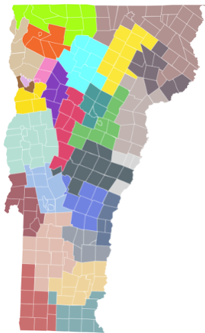 Color-coded map of Vermont showing regional districts and municipal boundaries across the state.