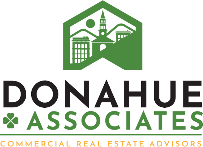 Logo of Donahue Associates, commercial real estate advisors, featuring a green house icon.