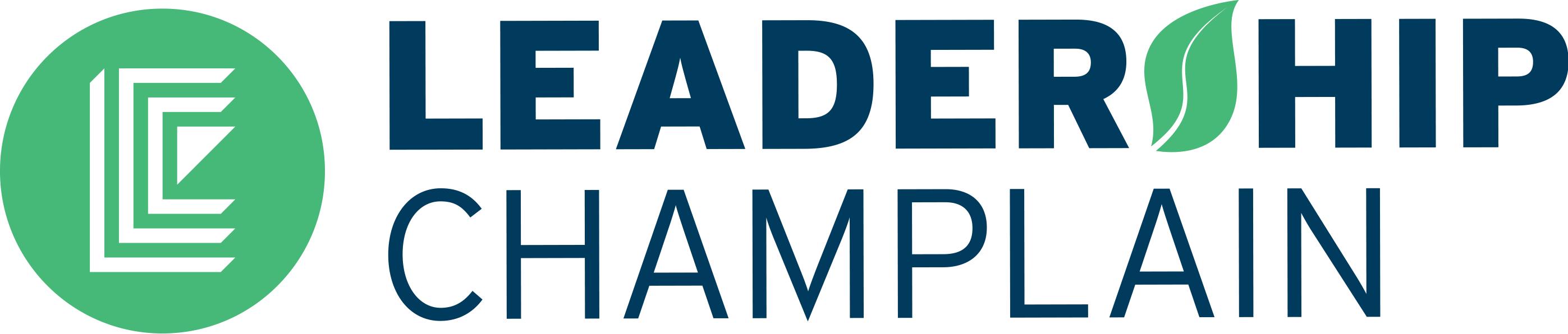 Logo for Leadership Champlain featuring green and blue text with a stylized "C."