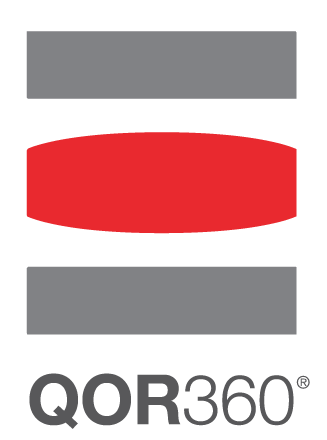 Logo of QOR360 featuring gray bars and a red oval shape.