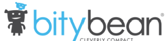 Logo for Bitty Bean featuring a playful character and the tagline "Cleverly Compact."