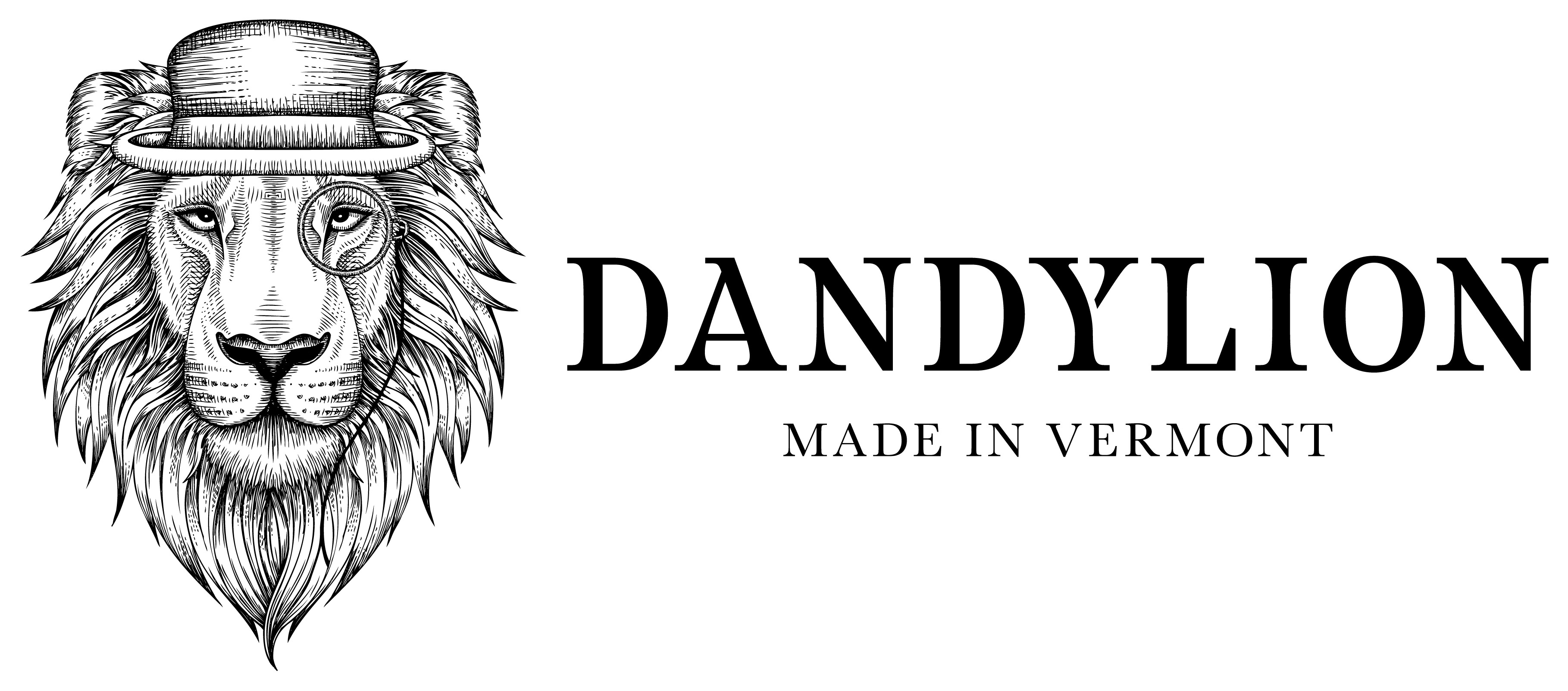 Stylized lion with a top hat and monocle, labeled "DandyLion, Made in Vermont."