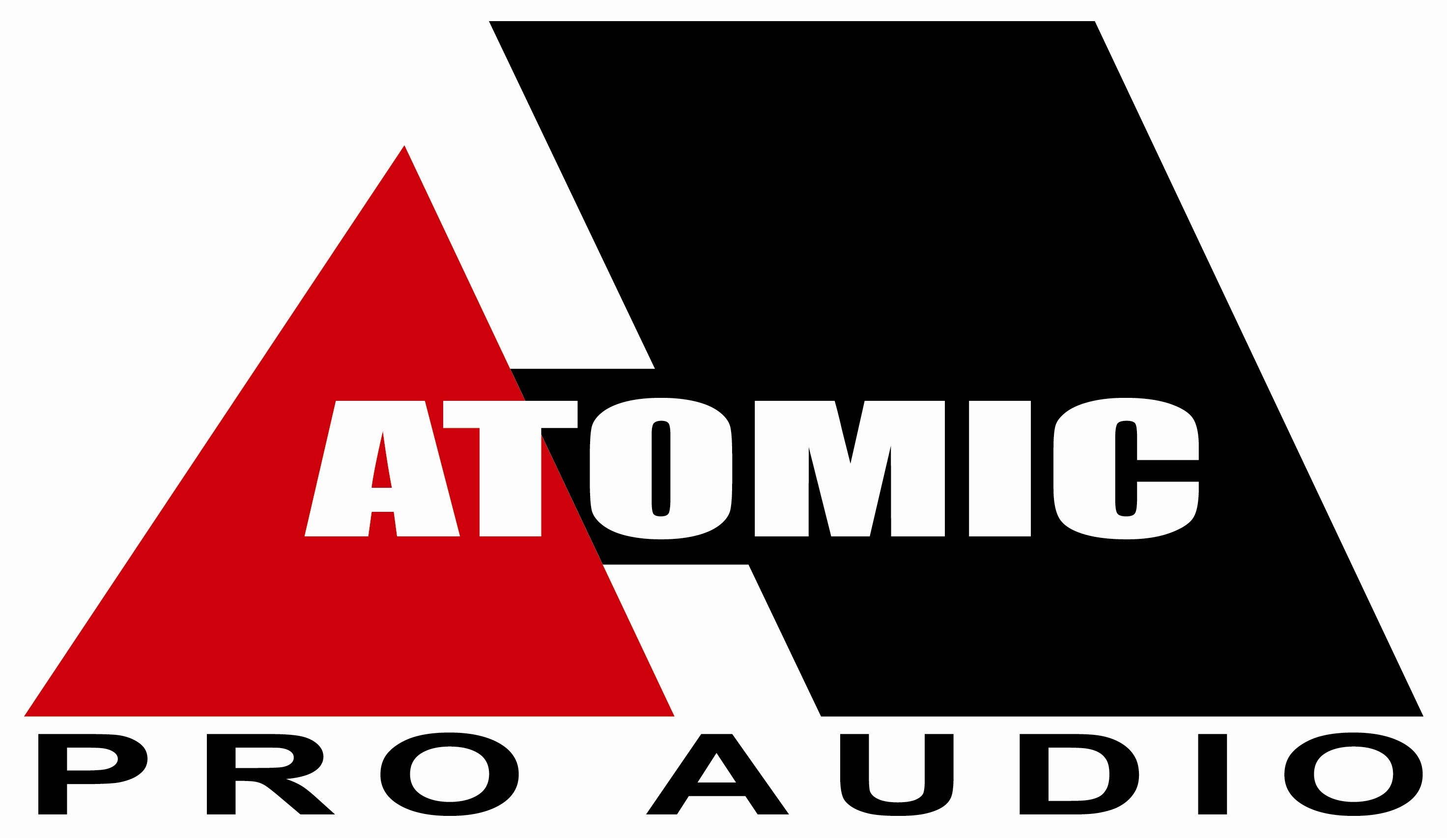 Logo for Atomic Pro Audio featuring bold text and a red and black triangular design.