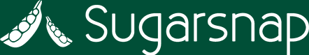 Logo of "Sugarsnap" with graphics of sugar snap peas on a dark green background.