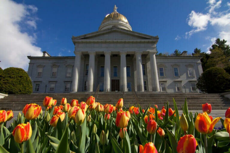 Vermont State Capitol building with a golden dome, surrounded by vibrant tulips.