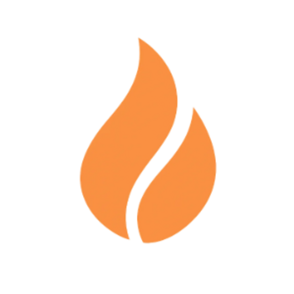 Abstract orange flame icon on a black background.