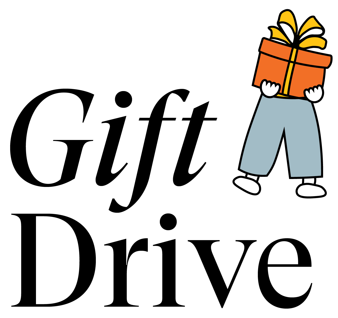 Text graphic promoting a "Gift Drive" with a character holding a wrapped present.