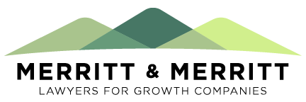 Logo for Merritt & Merritt, lawyers specializing in growth companies, featuring stylized mountains.