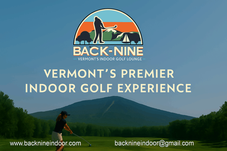 Back Nine Vermont indoor golf lounge promotional graphic.