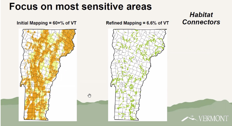 Graphic comparing initial and refined habitat connector mapping areas across Vermont