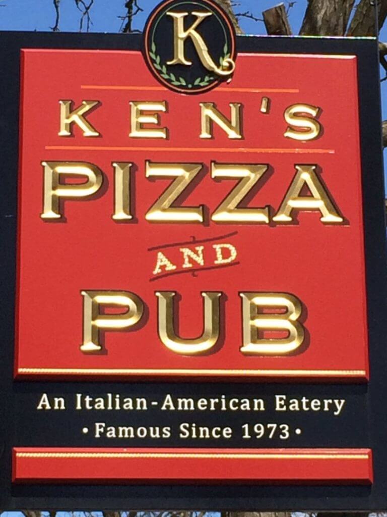 close up of the Ken's Pizza and Pub sign located outside of the restaurant
