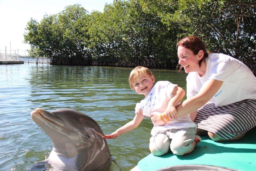photo of a wish kid smiling and petting a dolphin