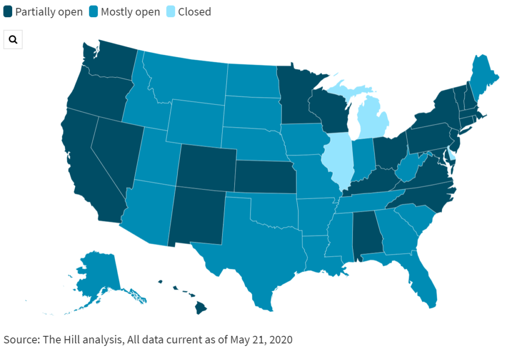 graphic of usa that color codes the states that are open, partially open, and closed