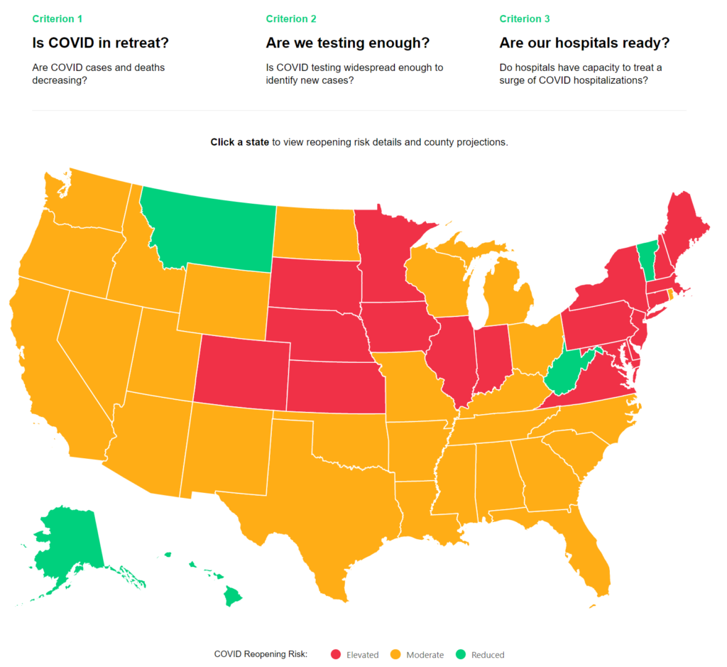 covid act now graphic that outlines which states are safe to begin reopening