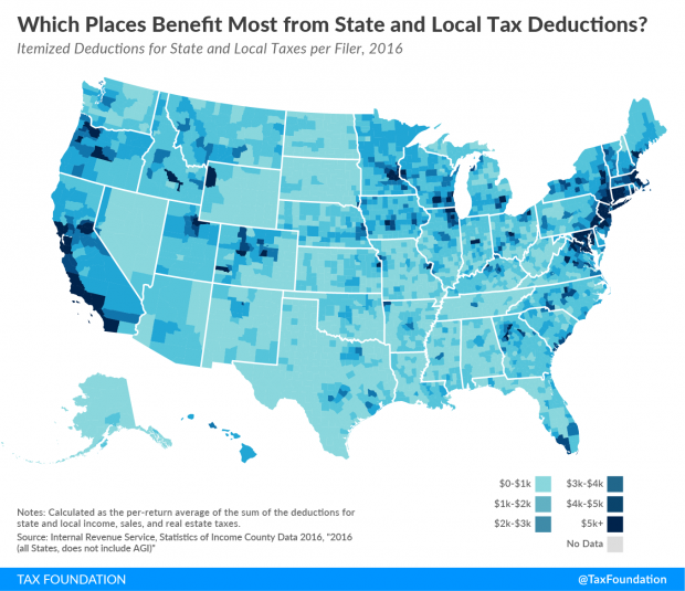 map of U.S. places that benefit most from state and local tax deductions according to the tax foundation